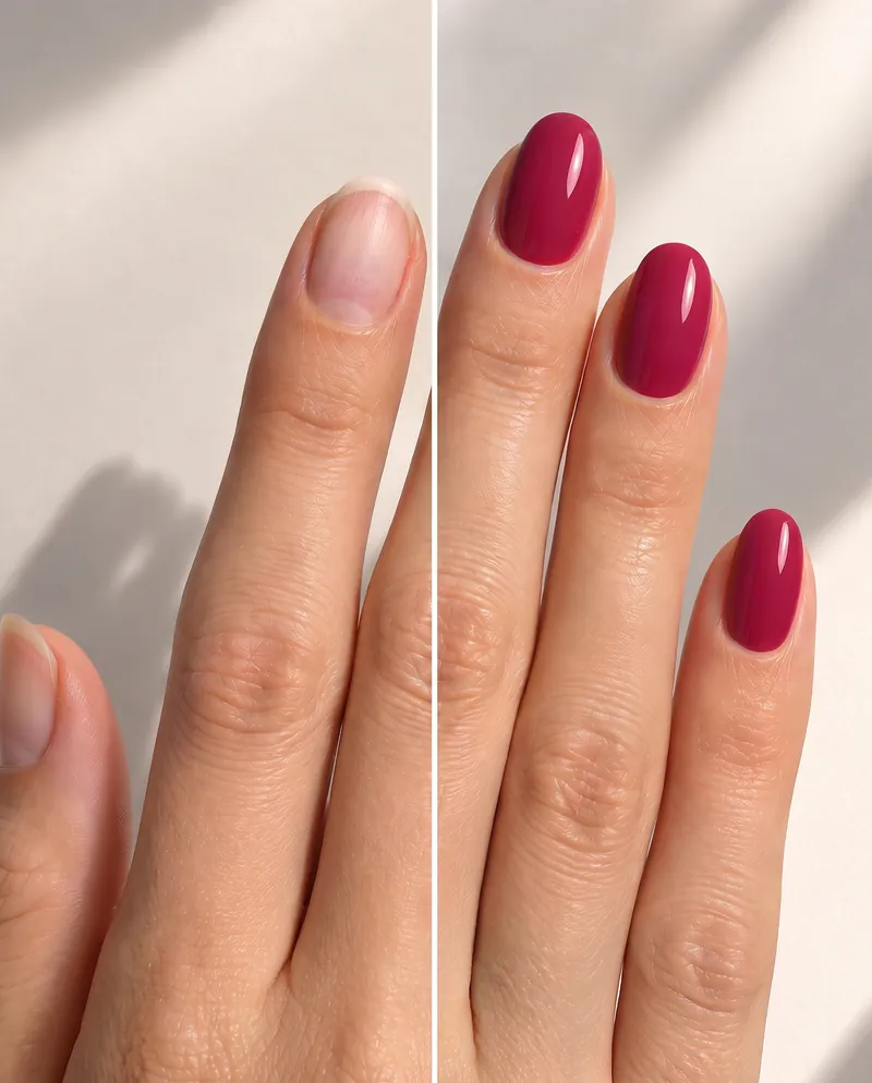 Antes y después: uñas naturales y uñas pintadas color cereza
